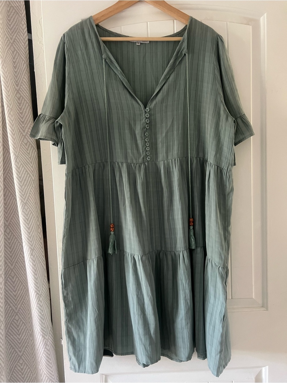 Miss Sparkling Sage Green Mini Dress with Button Front and Tassel Detail XL